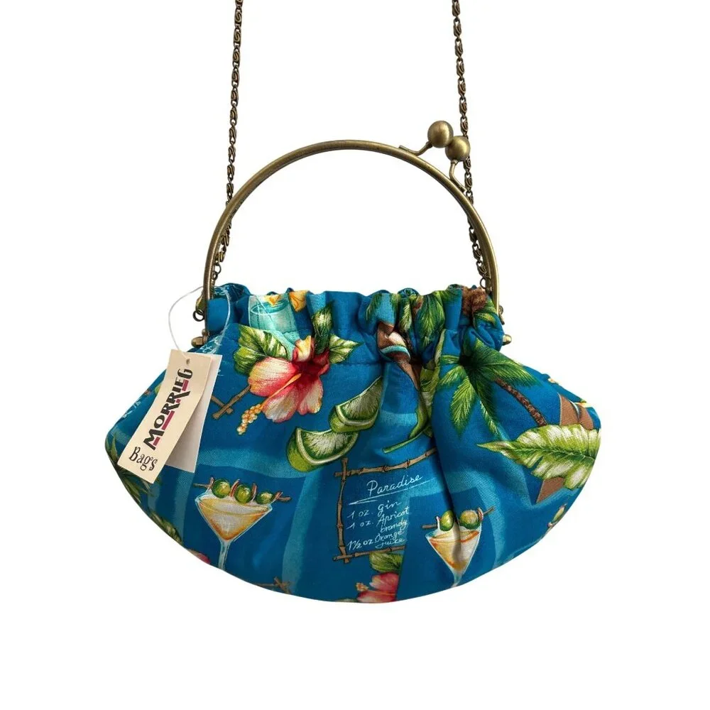 Morrieg Tropical Print Metal Frame Chain Strap Blue Floral Cocktail Design Bag - Picture 2 of 8